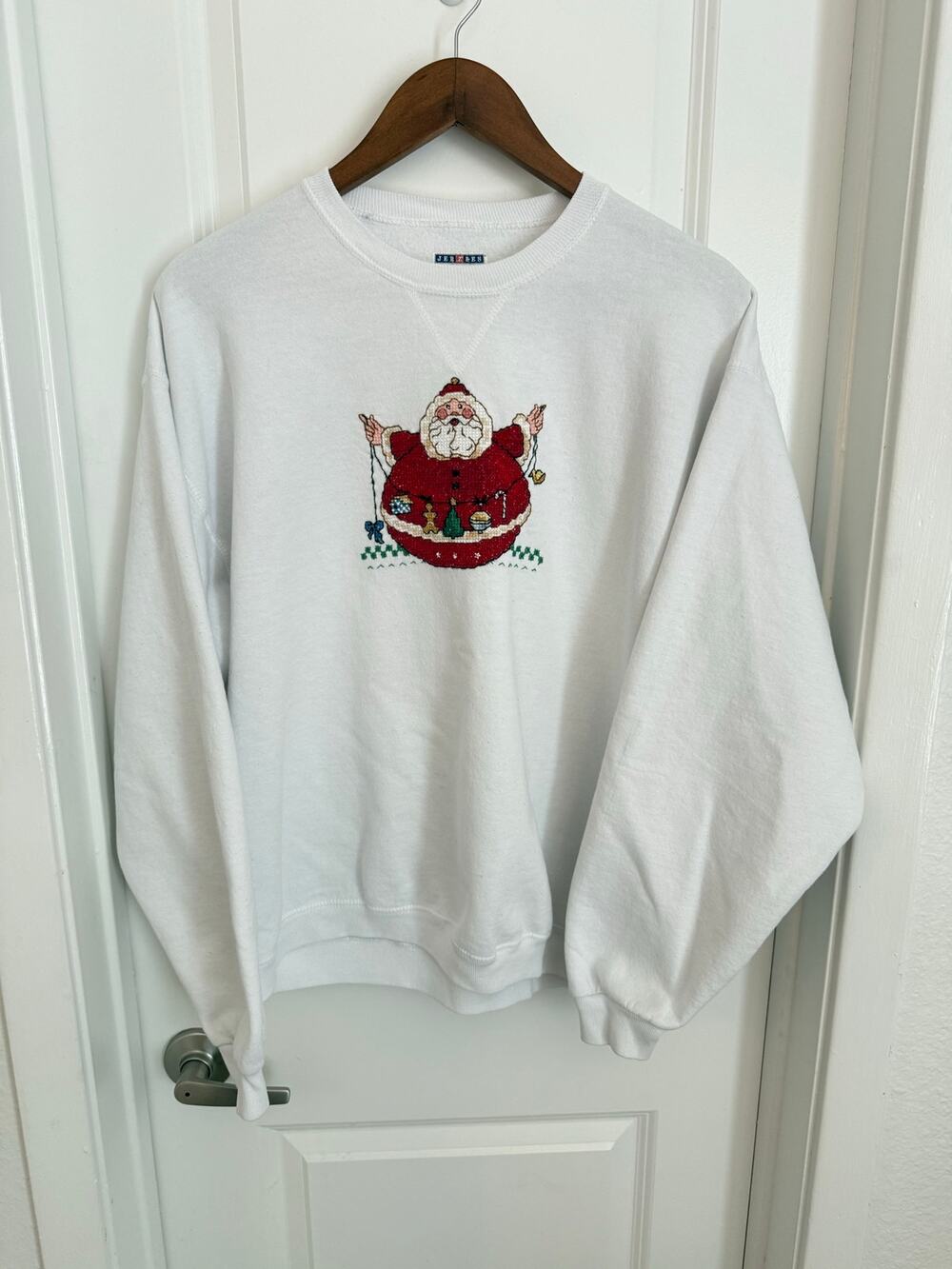 Christmas Santa Cross Stitched Handcrafted Unique One of a Kind Sweater